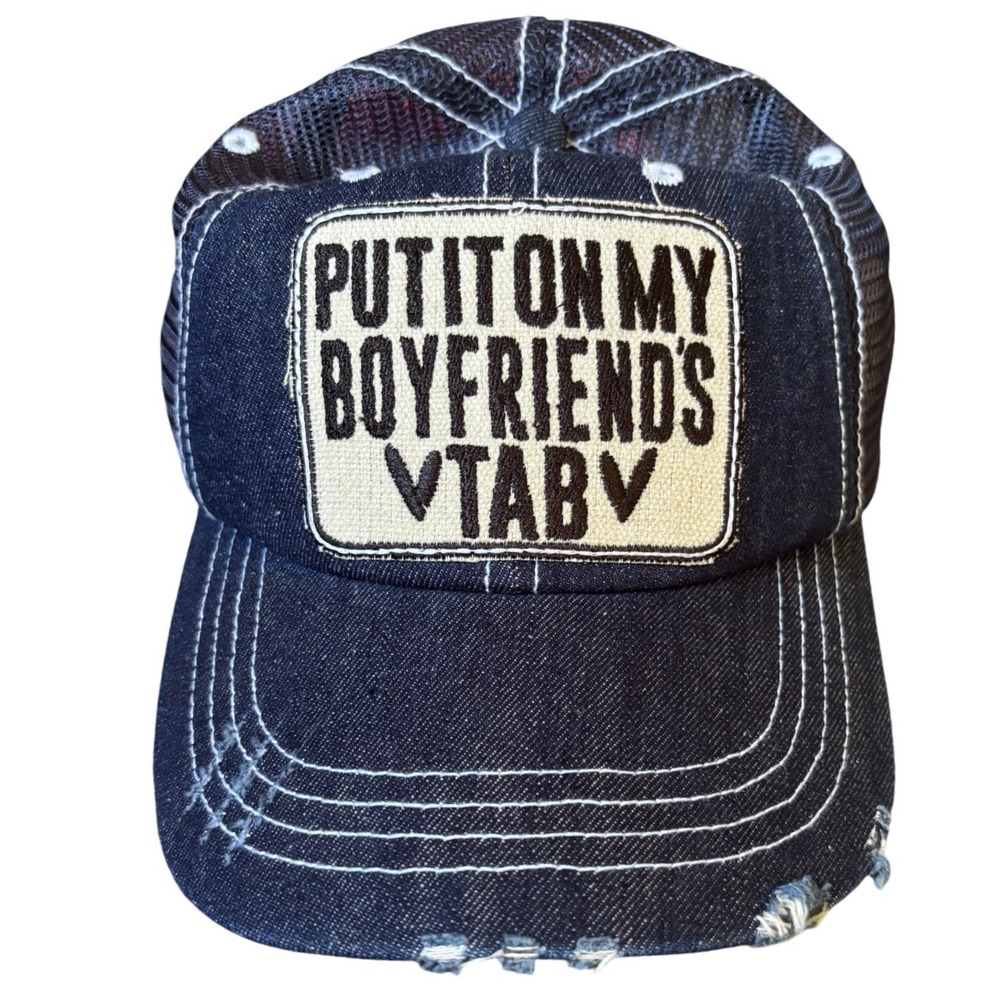 Distressed Denim Trucker Hat Put It On My Boyfriends Tab Mesh Back Cap Navy